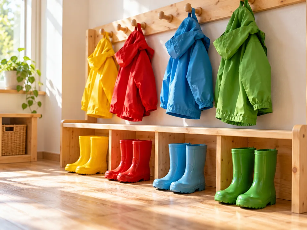 Gelbe, rote, blaue und grüne Gummistiefel stehen in einer Reihe unter passenden Jacken an einer sonnigen Holzgarderobe.