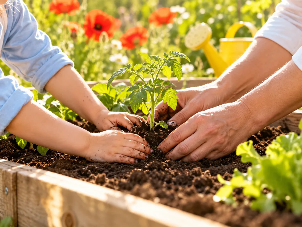 Kinderhände und erwachsene Hände pflanzen einen grünen Setzling in ein sonniges Holzhochbeet vor roten Mohnblumen.