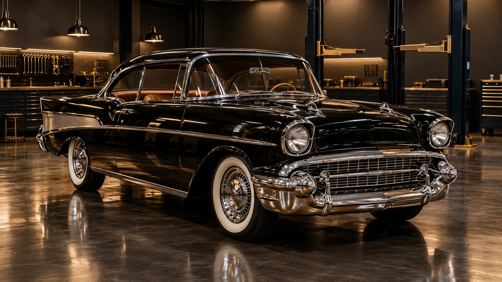 Schwarzer US-Oldtimer mit viel Chrom und Weißwandreifen in einer warm beleuchteten Werkstatt mit Hebebühne.