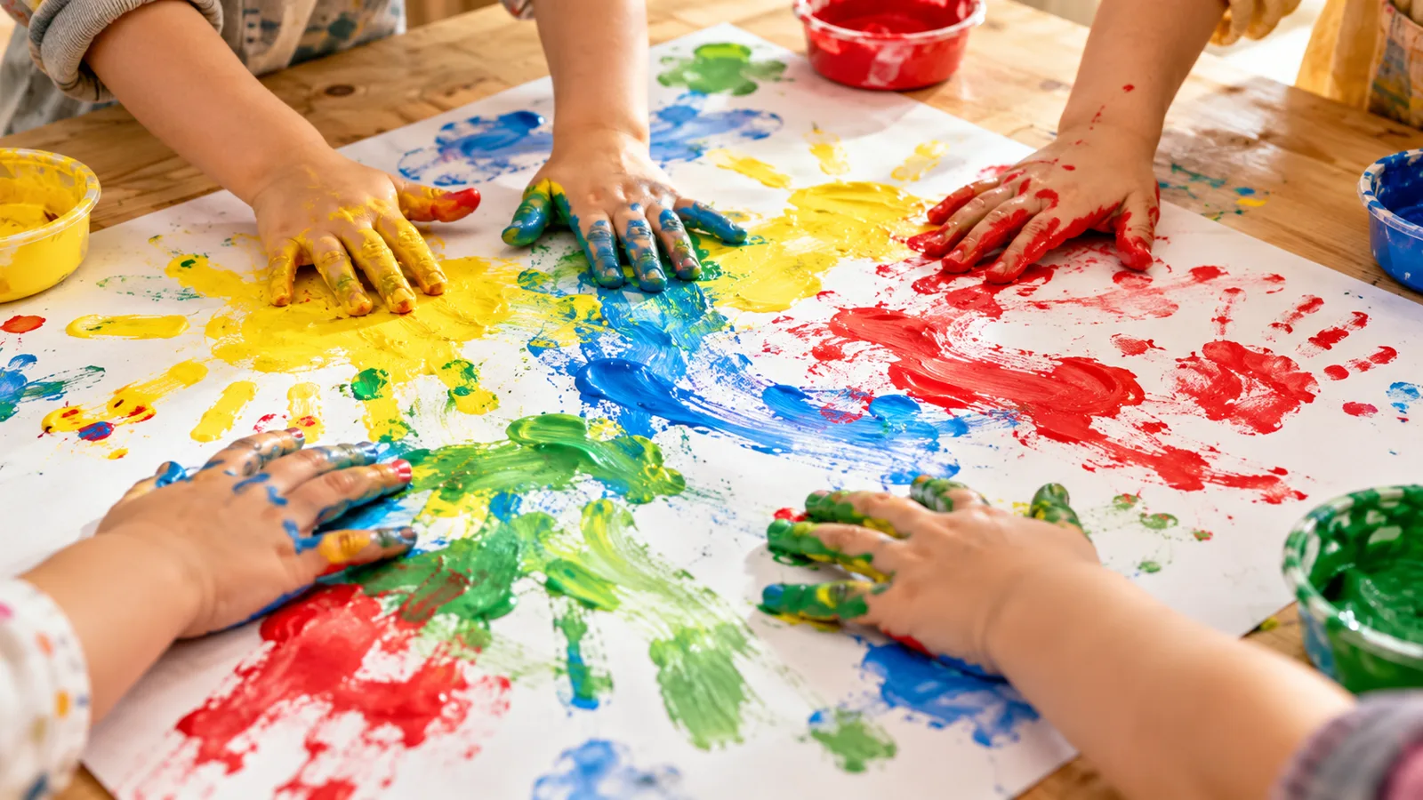 Kinderhände verteilen gelbe, rote, blaue und grüne Fingerfarbe auf großem weißem Papier auf einem Holztisch.