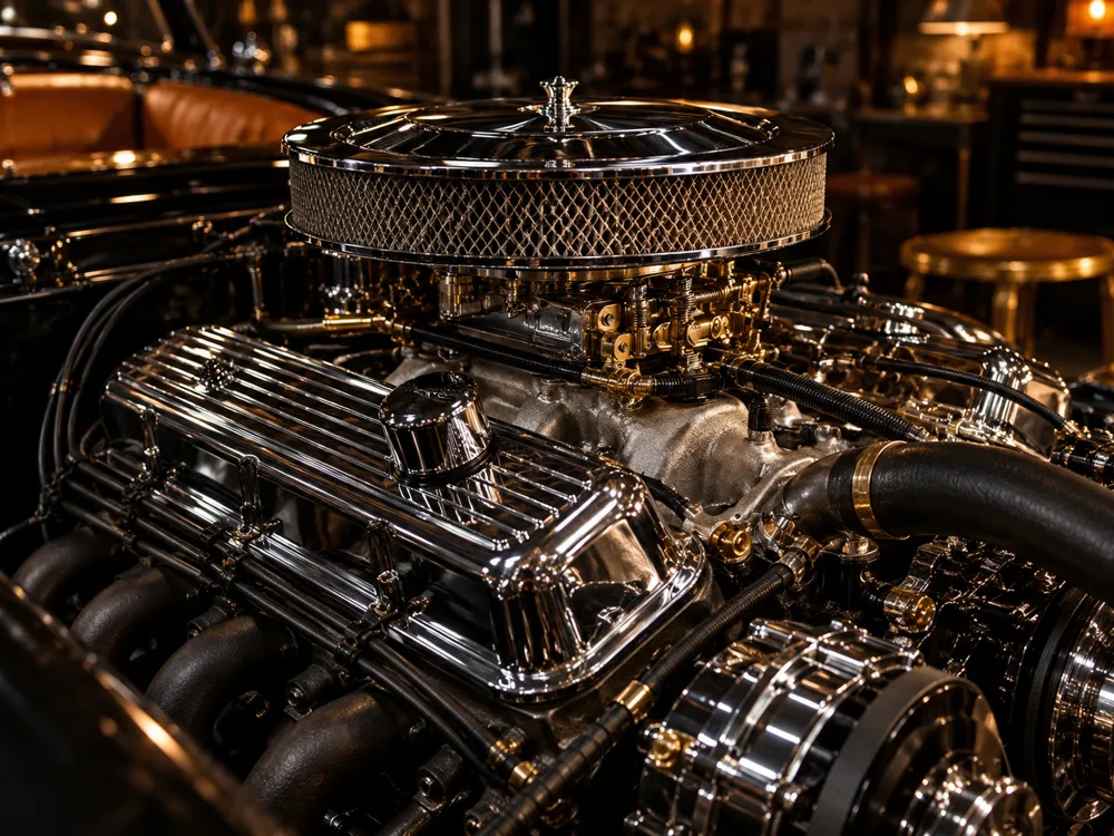 Nahaufnahme eines V8-Motors mit Chromdeckeln und Messingdetails im warmen Streiflicht einer dunklen Werkstatt.