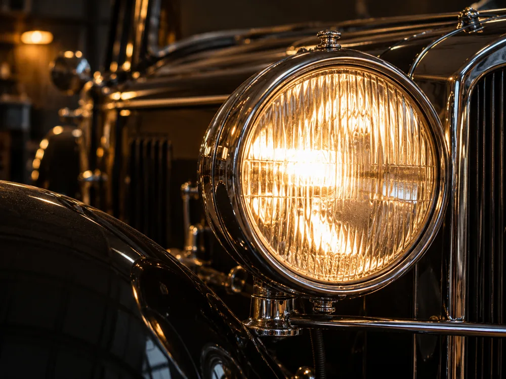 Warm leuchtender, runder Chrom-Scheinwerfer an einem schwarzen Oldtimer vor dunklem Werkstatthintergrund.