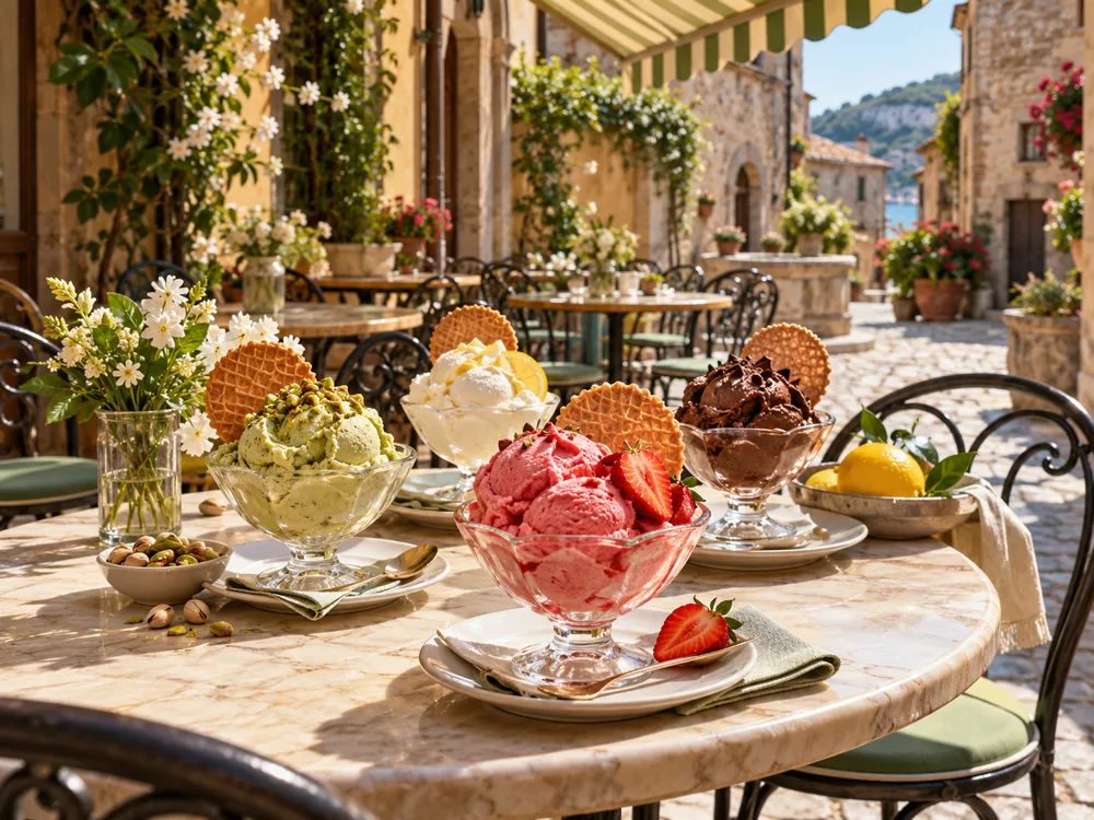 Vier Eisbecher mit Waffeln auf einem sonnigen Terrassentisch unter gestreifter Markise in einer Altstadtgasse.