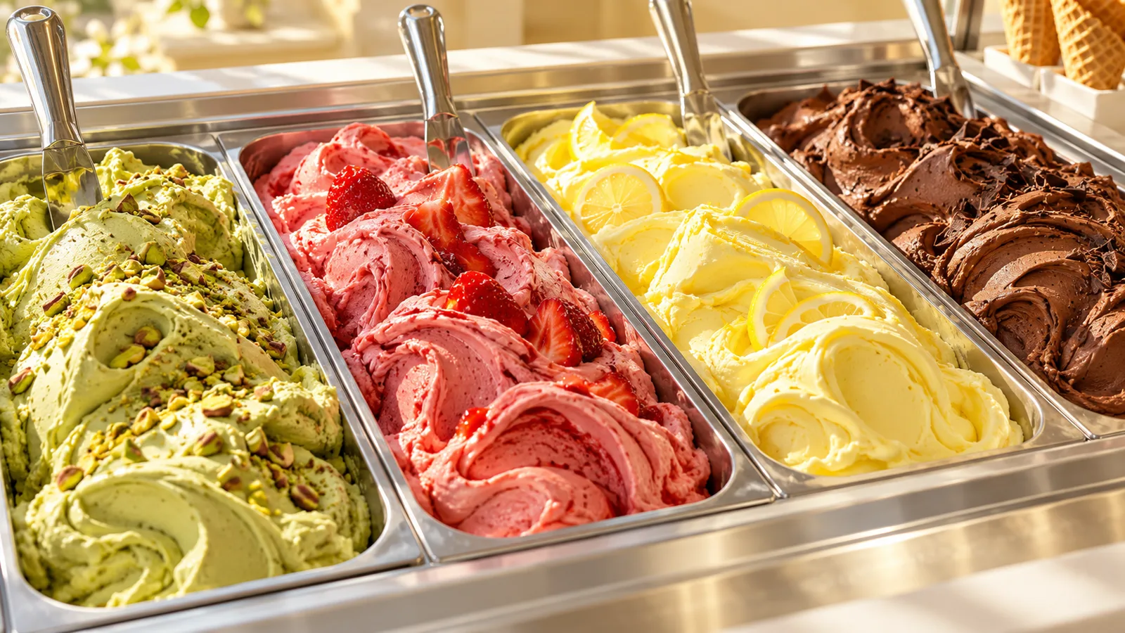 Sonnige Gelato-Theke mit geschwungenem Pistazien-, Erdbeer-, Zitronen- und Schokoladeneis sowie Metallspateln.