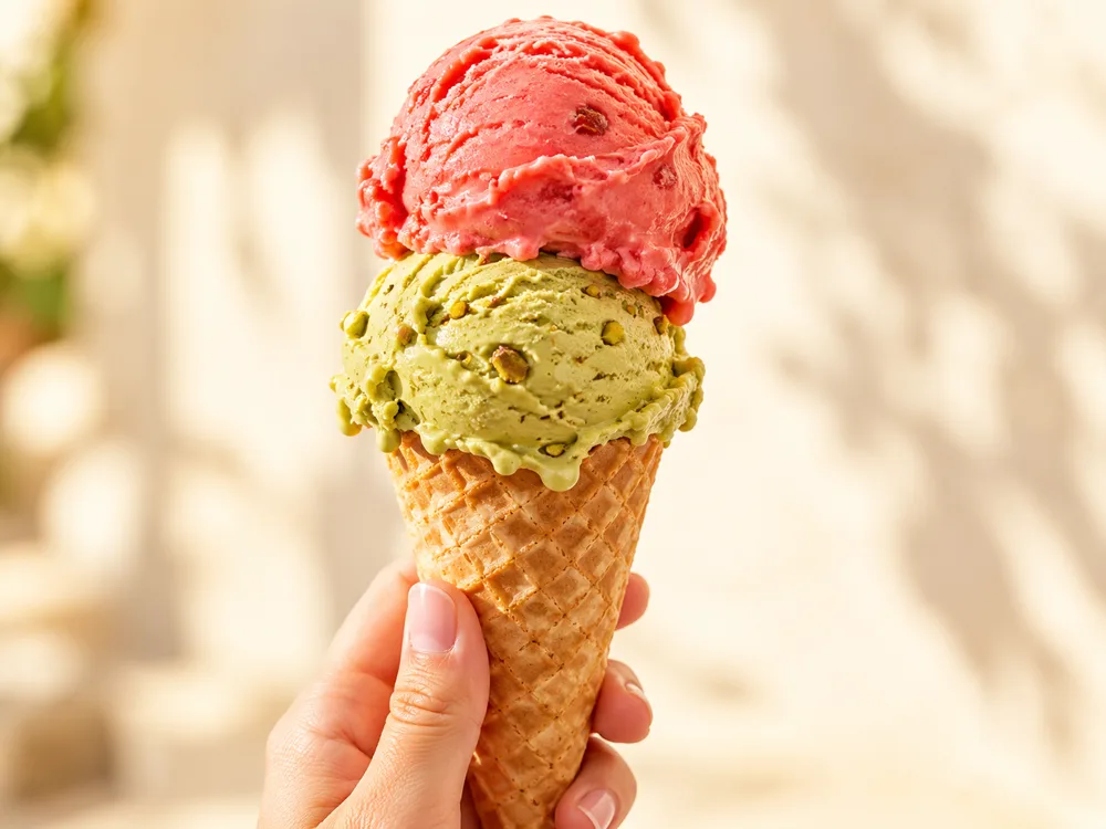 Eine Hand hält eine knusprige Eiswaffel mit Pistazien- und Erdbeereis vor hellem, sonnigem Hintergrund.
