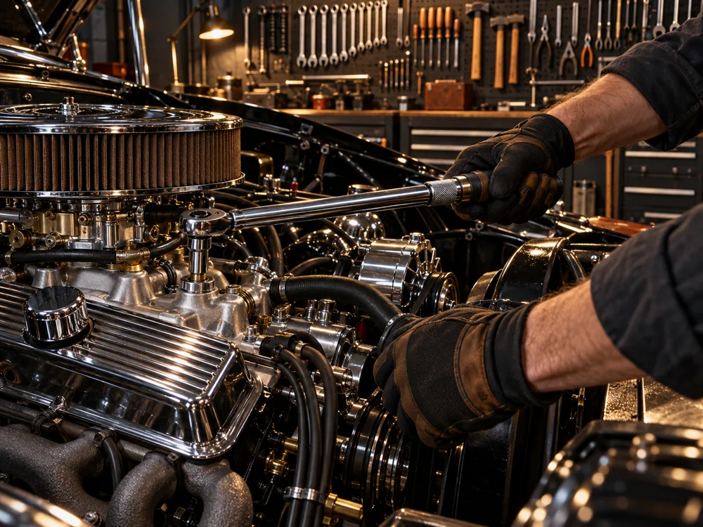 Hände in Werkstatthandschuhen arbeiten mit einem Drehmomentschlüssel am Oldtimer-Motor vor einer Werkzeugwand.