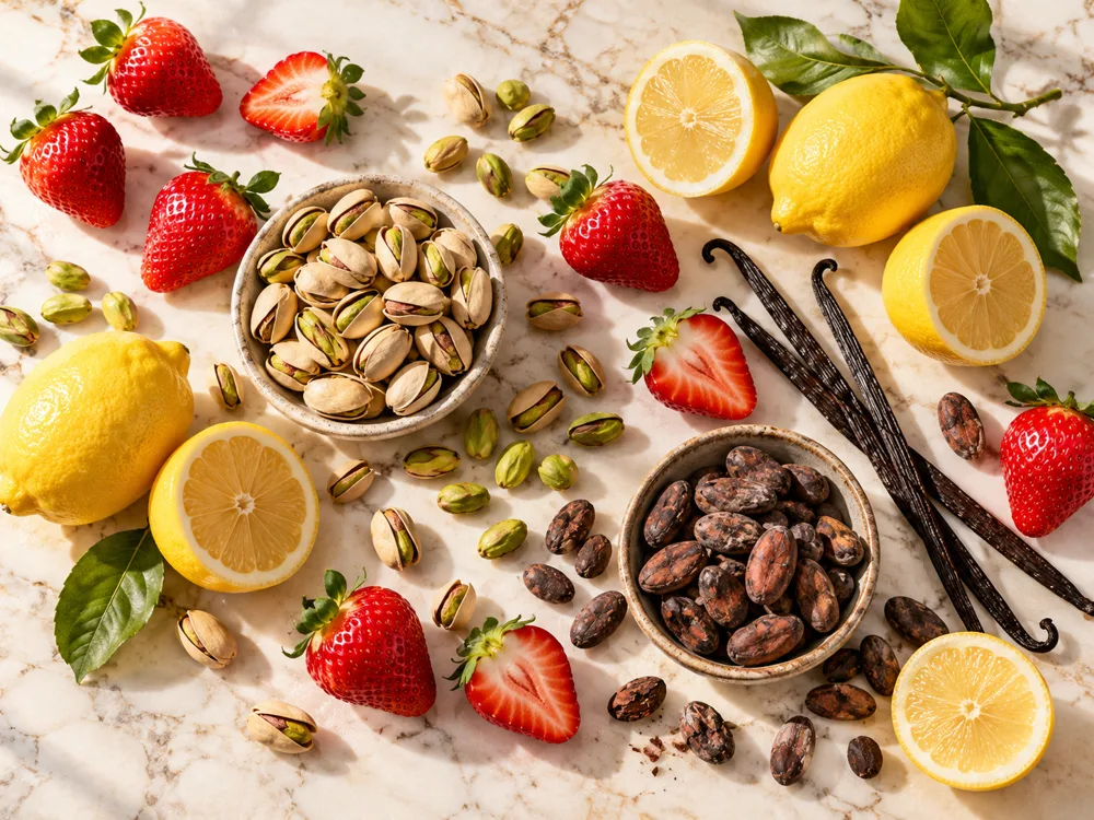 Pistazien, Erdbeeren, ganze und halbierte Zitronen, Kakaobohnen und Vanilleschoten auf hellem Marmor im Sonnenlicht.