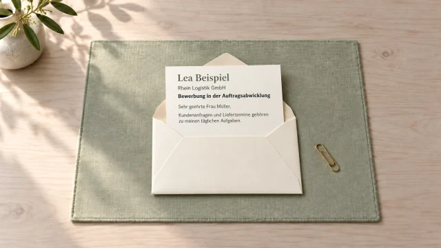 Ein Beispielanschreiben von Lea Beispiel ragt aus einem offenen Umschlag.