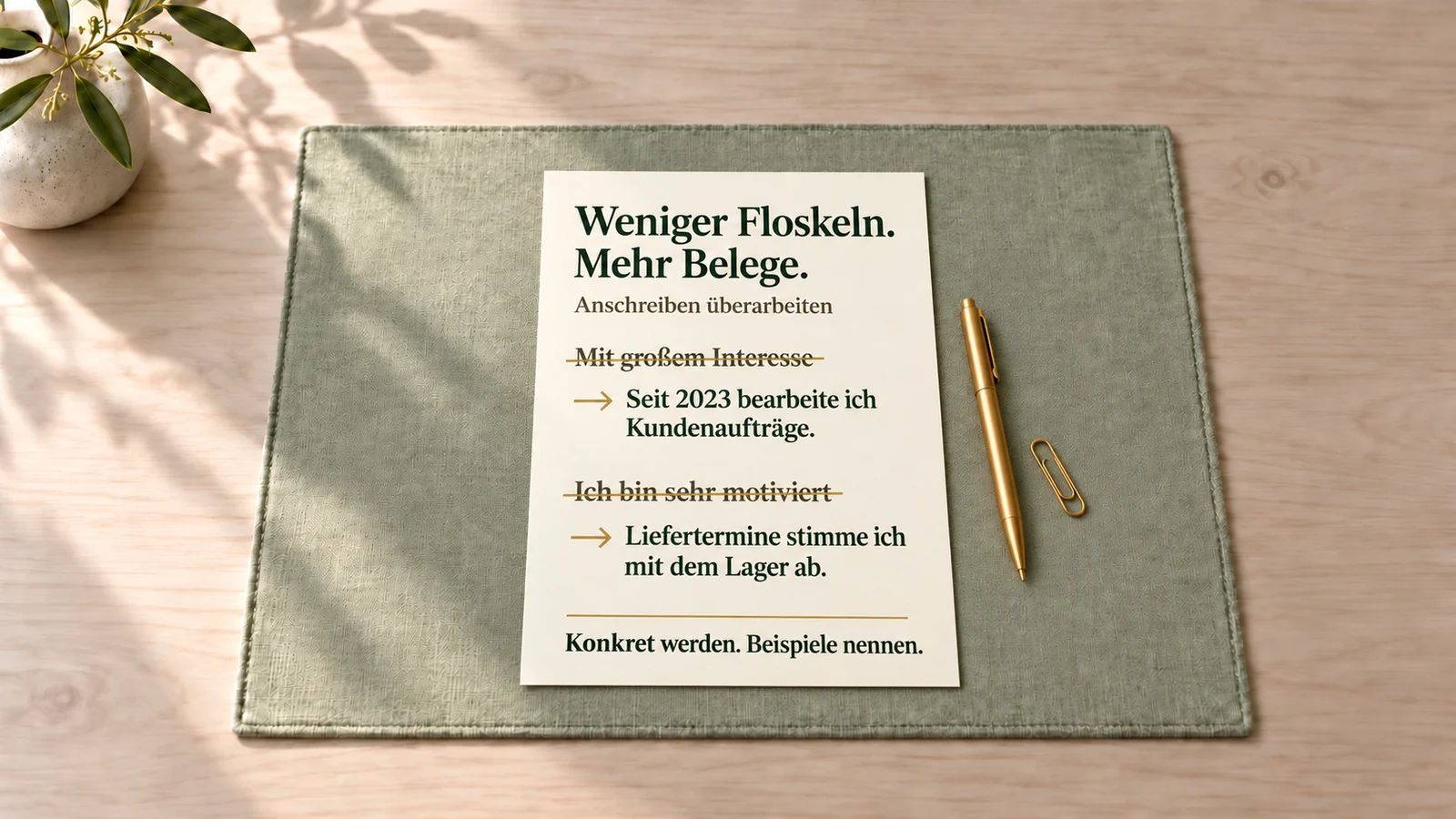 Ein Textblatt ersetzt durchgestrichene Floskeln durch konkrete Aufgaben.