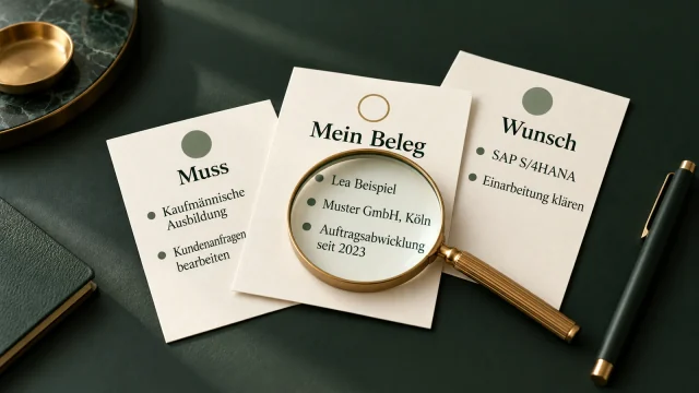 Karten mit Muss-Anforderungen, Wünschen und Leas Belegen unter einer Lupe.