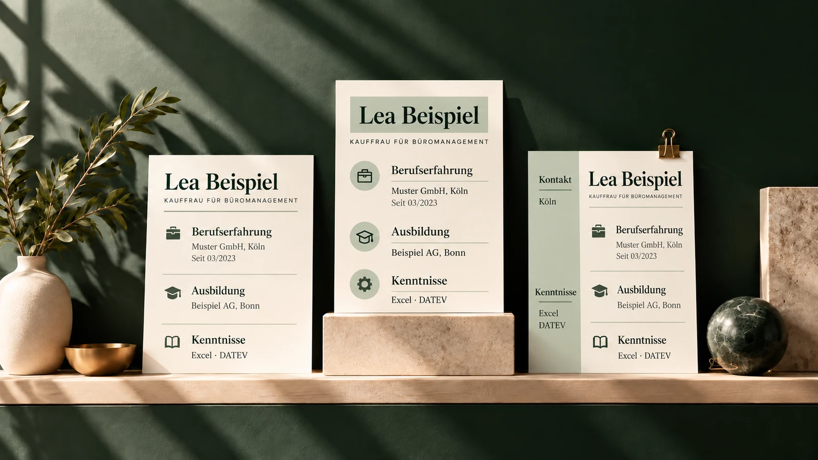 Drei verschiedene Lebenslauf-Designs mit denselben Angaben von Lea Beispiel.