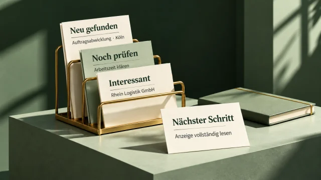 Ein goldener Organizer sortiert Karten nach Neu gefunden, Noch prüfen und Interessant.