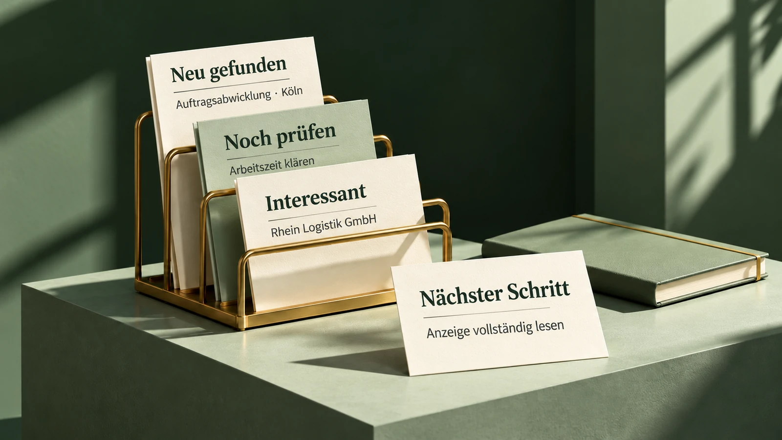 Ein goldener Organizer sortiert Karten nach Neu gefunden, Noch prüfen und Interessant.