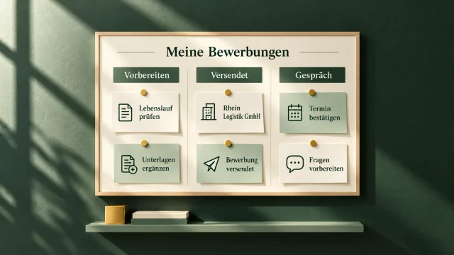 Planungsboard für Bewerbungen mit Vorbereiten, Versendet und Gespräch.