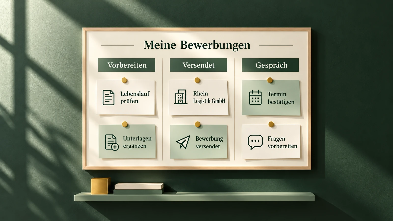 Planungsboard für Bewerbungen mit Vorbereiten, Versendet und Gespräch.