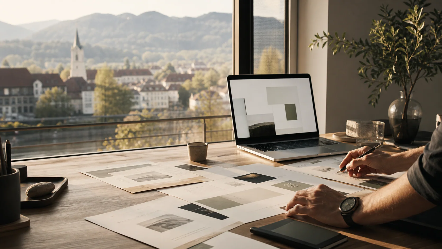 Webdesign-Arbeitsplatz mit Website-Entwürfen und Blick auf eine bayerische Stadt