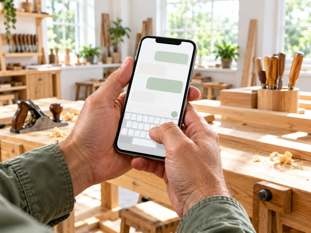 Hände eines Handwerkers tippen auf einem Smartphone mit hellem Chatfenster in einer sonnigen Holzwerkstatt.