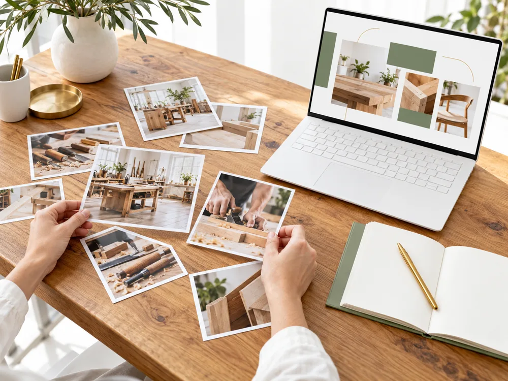 Hände sortieren Handwerksfotos auf einem Holztisch neben einem Laptop mit heller Website und einem Notizblock mit Stift.