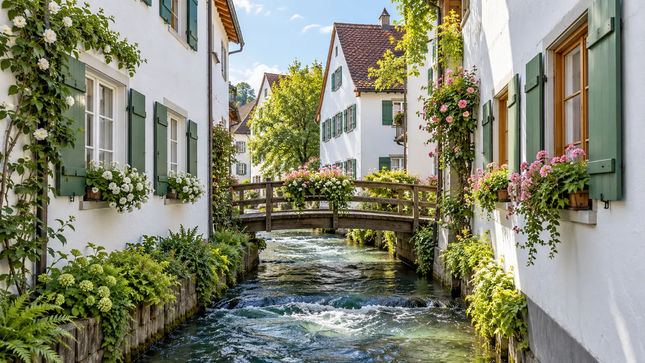 Schmaler Altstadtkanal mit klarem Wasser, Holzbrücke und blumengeschmückten Häusern im hellen Morgenlicht.