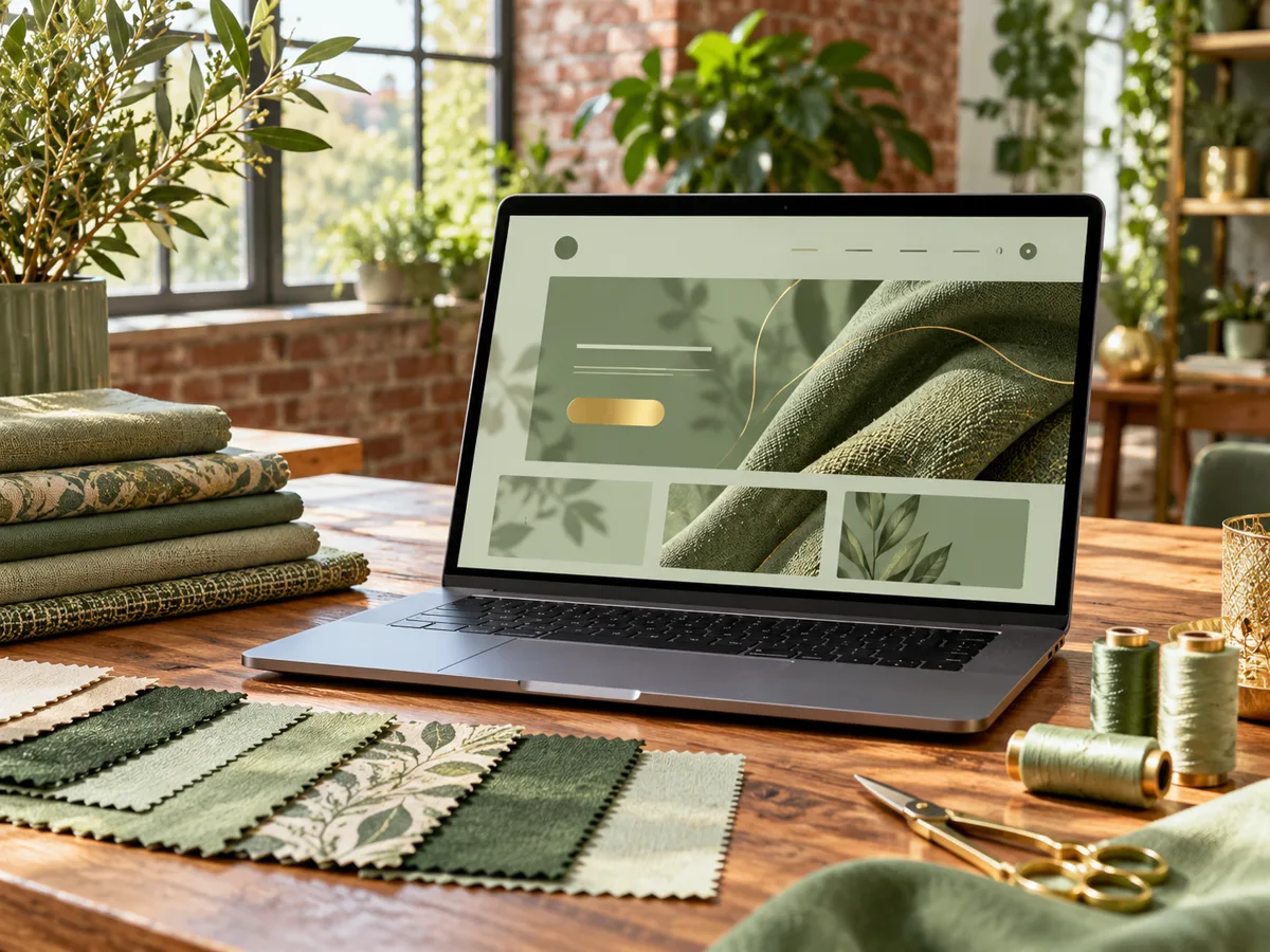 Offener Laptop mit heller salbeigrüner Website und goldenem Button auf Holztisch, daneben Stoffmuster und Garnrollen.