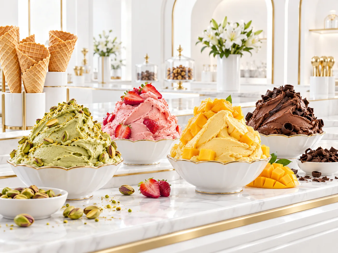 Eistheke mit hausgemachtem Eis in Schalen und Waffelhörnchen