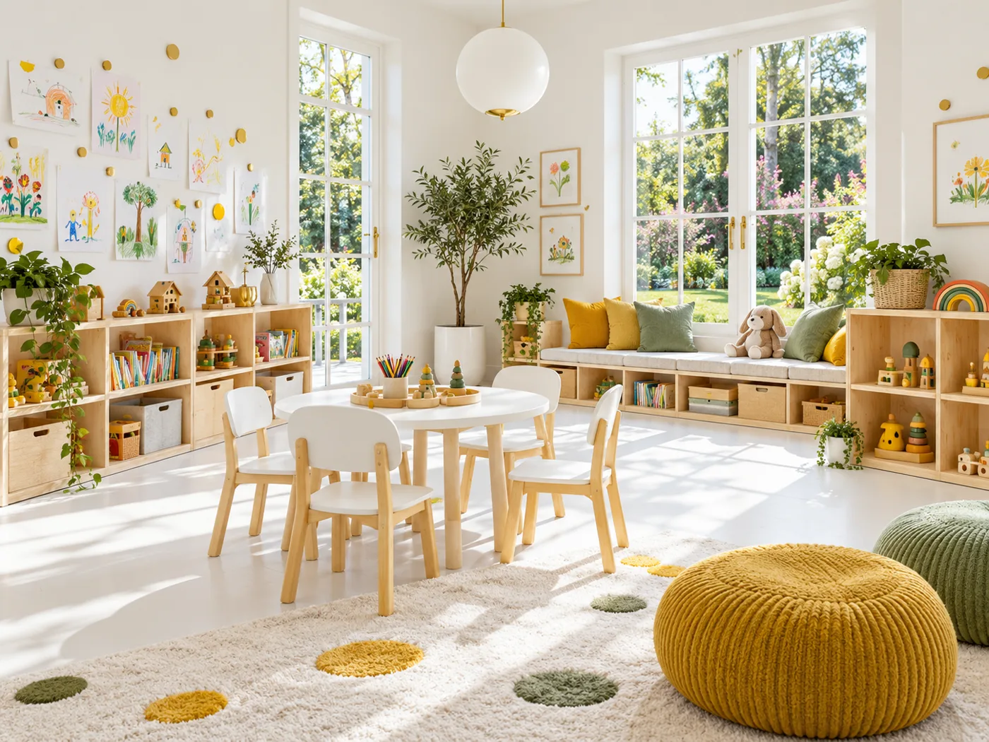 Heller Gruppenraum eines Kinderhauses mit Holzregalen und kleinen Tischen