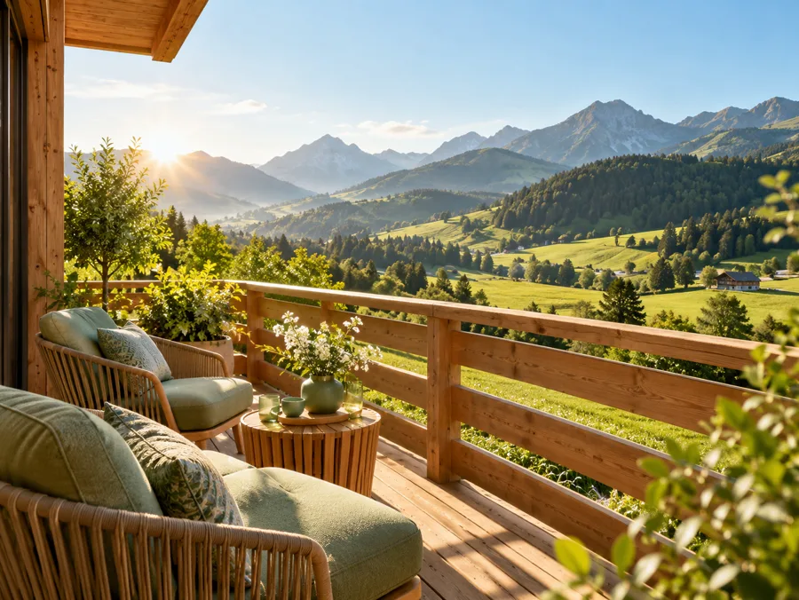 Auf einem Balkon stehen zwei Liegestühle mit salbeigrünen Kissen; dahinter liegen grüne Wiesen und sanfte Berge im Morgenlicht.