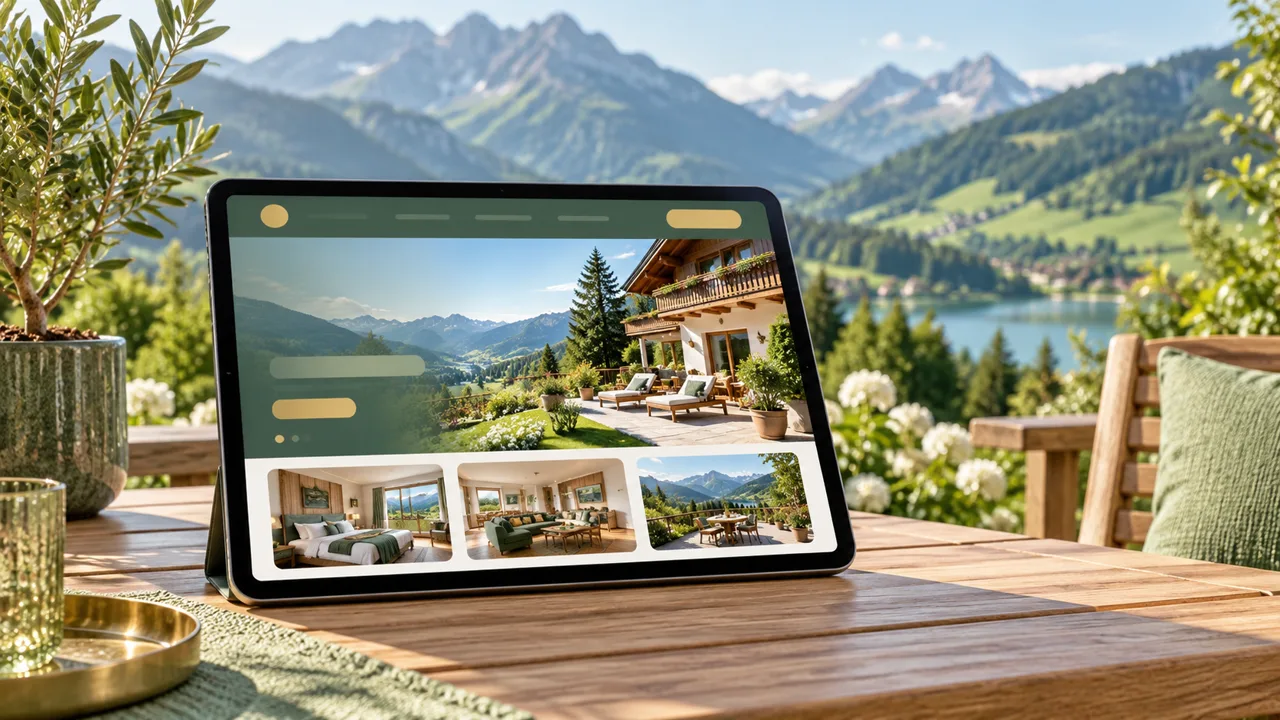 Ein Tablet zeigt eine salbeigrüne Ferienwohnungs-Website auf einem Holztisch, dahinter liegen unscharfe Berge und ein See.