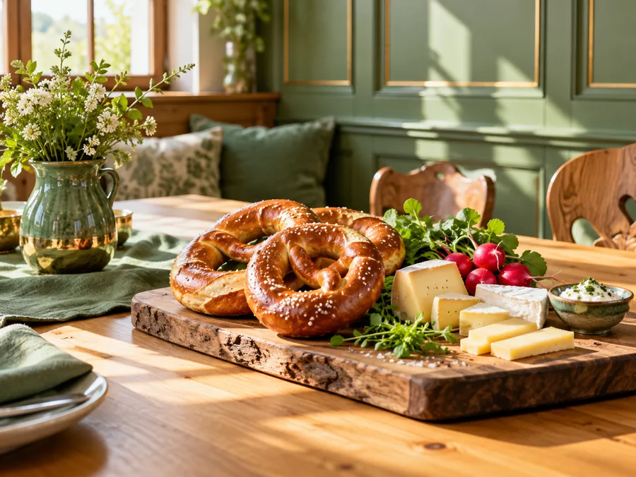 Auf einem Holztisch liegen Brezen, Käse und Radieschen; dahinter salbeigrüne Wandvertäfelung im Sonnenlicht.