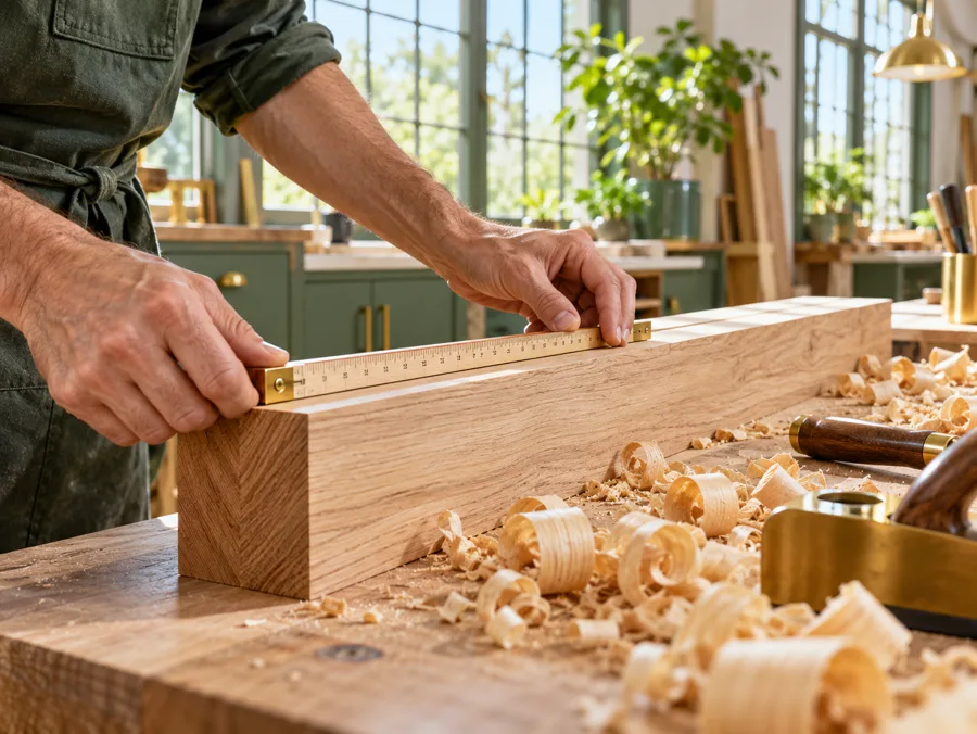 Zimmermannshände messen einen frisch gehobelten Holzbalken mit dem Zollstock; Späne liegen auf der Werkbank, Tageslicht fällt durchs Fenster.