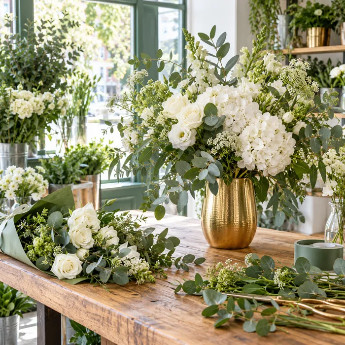 Auf einem Holztisch stehen frische Sträuße mit Eukalyptus und weißen Blumen neben einer goldenen Vase im Tageslicht.