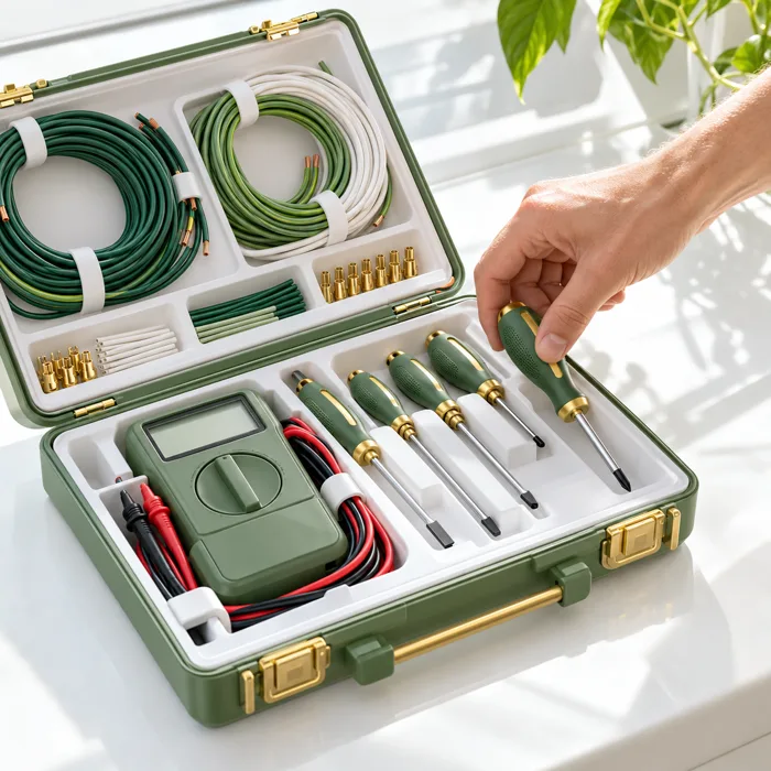 Ein geöffneter Elektriker-Werkzeugkoffer mit Kabeln, Messgerät und Schraubendrehern; eine Hand greift nach einem Werkzeug.