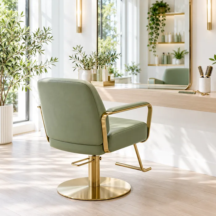 Heller Friseursalon mit salbeigrünem Stuhl, Spiegel sowie Kamm und Schere auf einer Ablage mit goldenen Details.