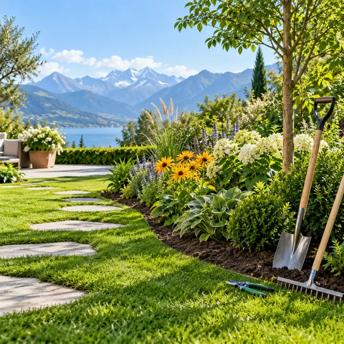 Frisch angelegtes Beet mit Steinplatten und Gartengeräten in einem gepflegten, sonnigen Garten; Berge liegen im Hintergrund.