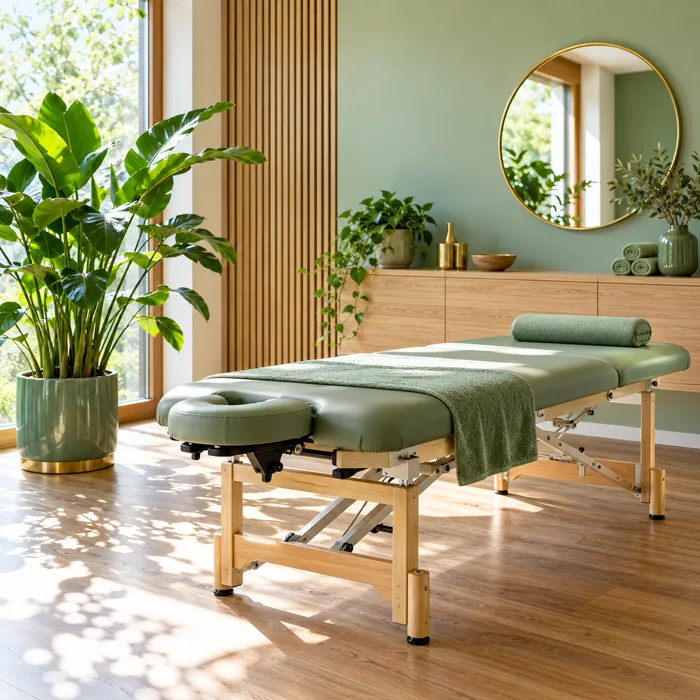 Heller Physiotherapieraum mit Behandlungsliege, grüner Pflanze und Holzakzenten in natürlichem Tageslicht.