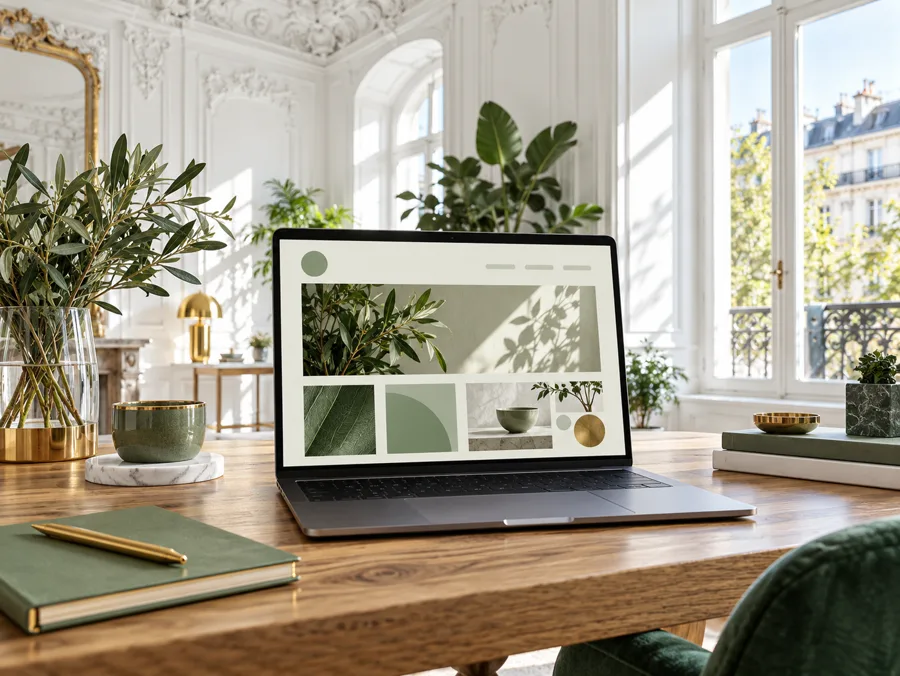 Geöffneter Laptop mit salbeigrüner Website auf einem Holzschreibtisch vor hohen Fenstern und Zimmerpflanzen.