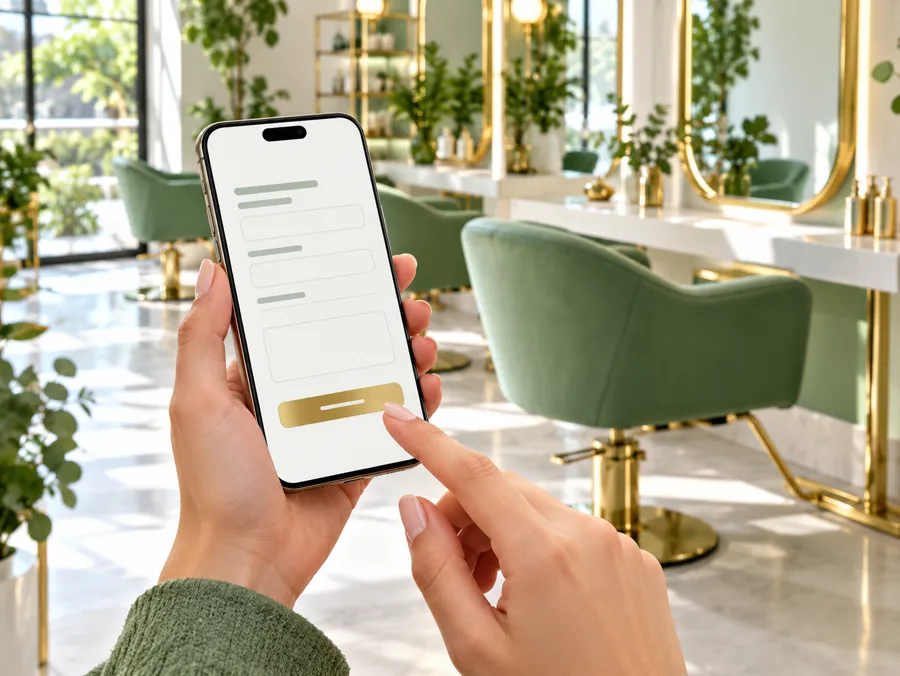 Hände halten ein Smartphone mit hellem Kontaktformular und goldenem Button vor unscharfen salbeigrünen Stühlen im Friseursalon.