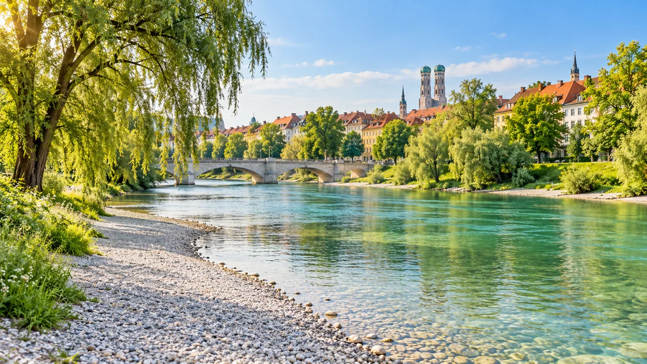 Helle Kiesbank an türkisgrünem Fluss, gesäumt von Weiden und Buchen; dahinter Häuser mit roten Ziegeldächern.