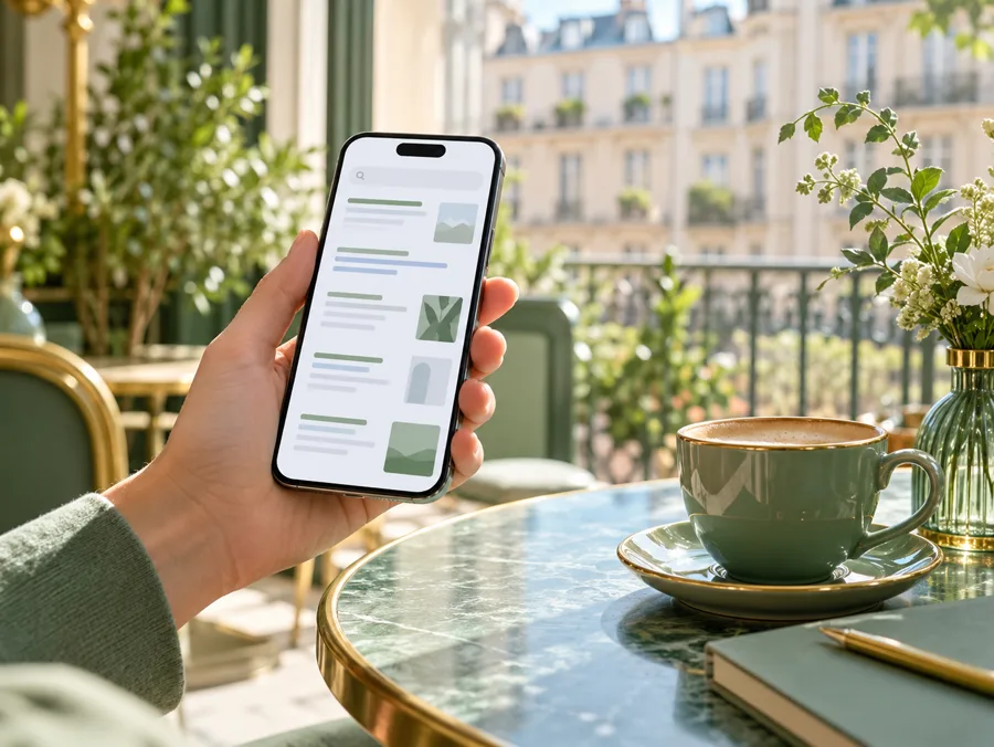 Eine Hand hält ein Smartphone mit heller Suchseite über dem Cafétisch; daneben steht eine salbeigrüne Tasse vor hohen Fenstern.