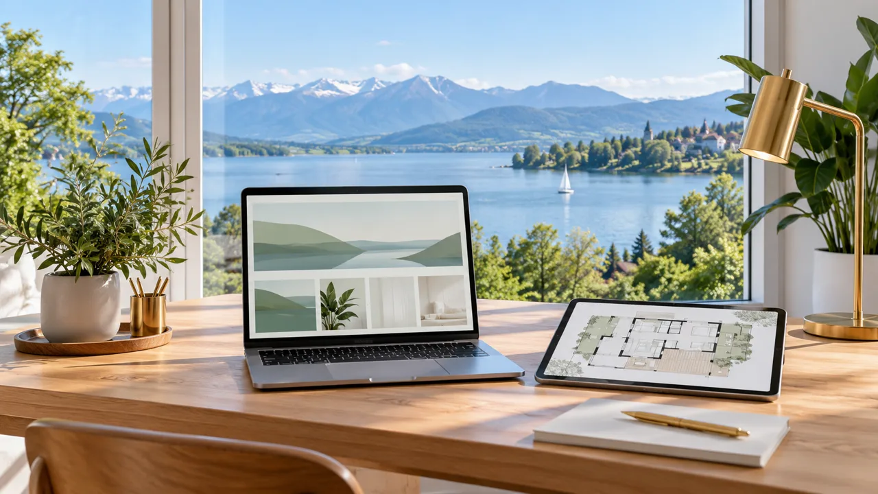 Helles Büro mit Laptop auf dem Holzschreibtisch, Tablet-Grundriss, Pflanze und Goldlampe vor einem See- und Alpenblick.