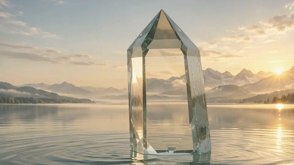 Ein klarer Kristall steht im ruhigen Wasser eines Sees, dahinter Berge im goldenen Morgenlicht