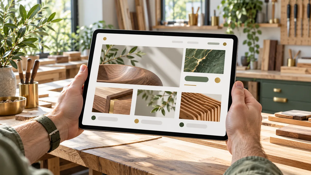 Zwei Hände halten ein Tablet mit heller Website in einer modernen Holzwerkstatt; Werkbank und Holz im Hintergrund.
