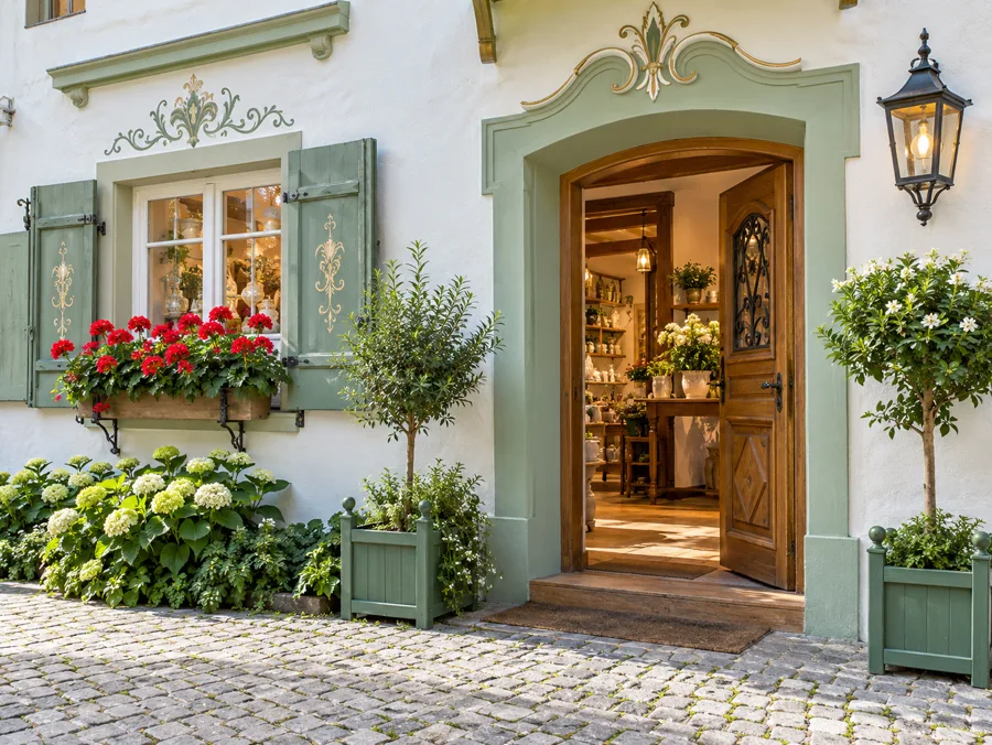 Geöffnete Ladentür in heller Putzfassade mit Fensterläden, Geranien, warmem Innenlicht und Kopfsteinpflaster.