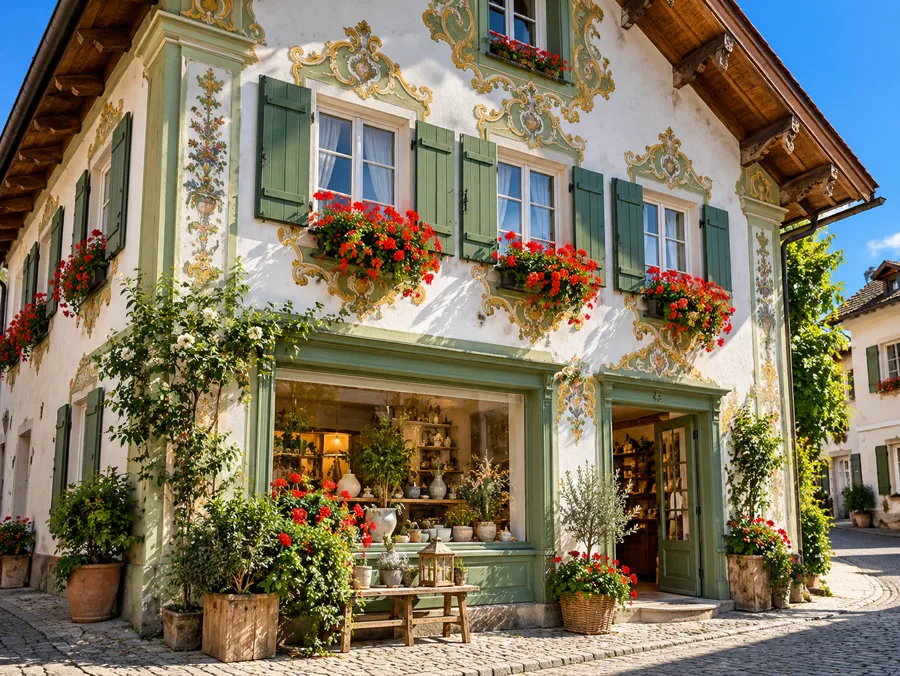 Sonnige Stadthausfassade mit salbeigrünen und goldenen Ornamenten, Holzläden, Geranien und kleinem Schaufenster.