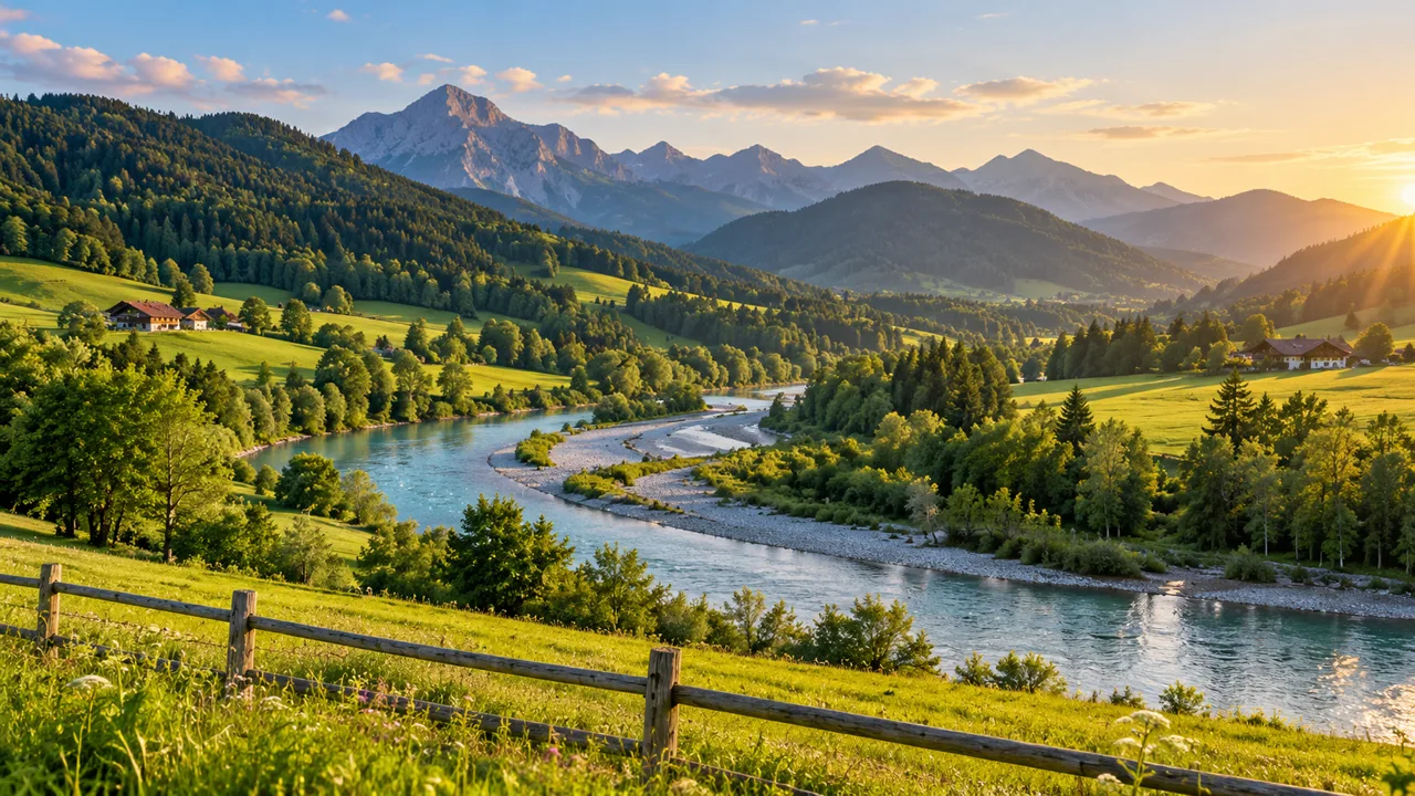 Spätsommerliche Voralpenwiesen mit Holzzaun, Kiesfluss im Tal, kleinen Höfen und Bergen im warmen Abendlicht.