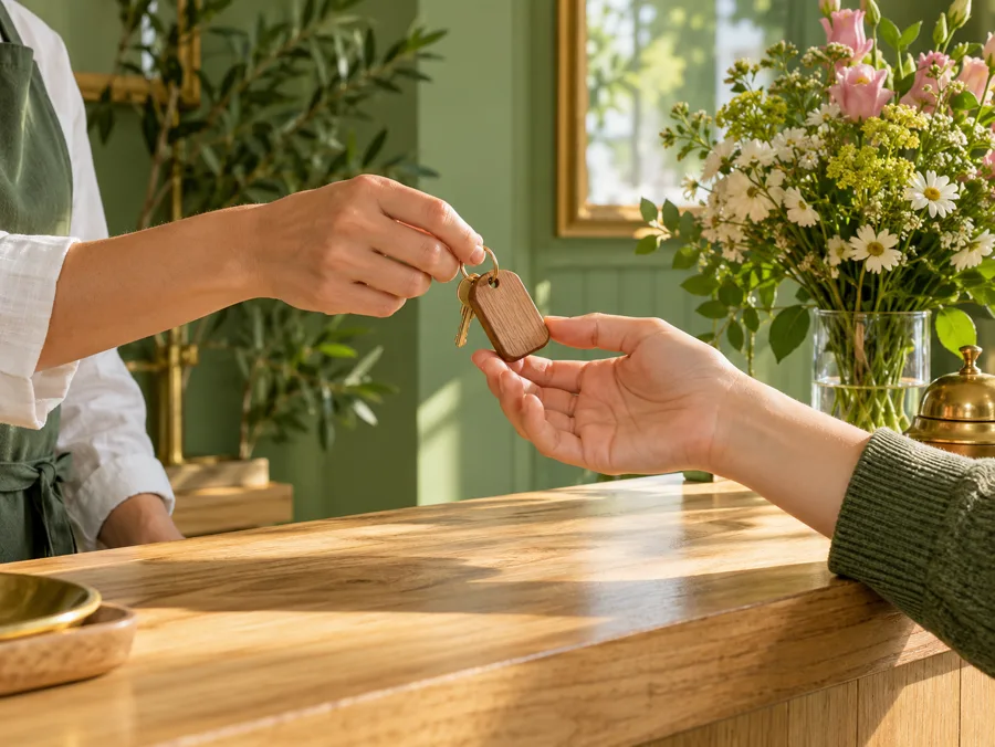 Hände reichen einen Zimmerschlüssel mit Holzanhänger über einen Holztresen vor salbeigrüner Wand und Blumenstrauß.