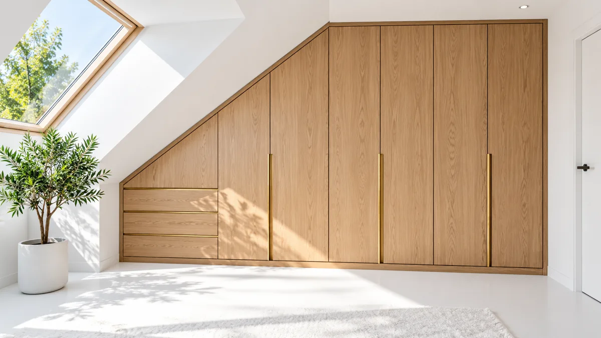 Maßgefertigter Einbauschrank aus Eiche unter einer Dachschräge