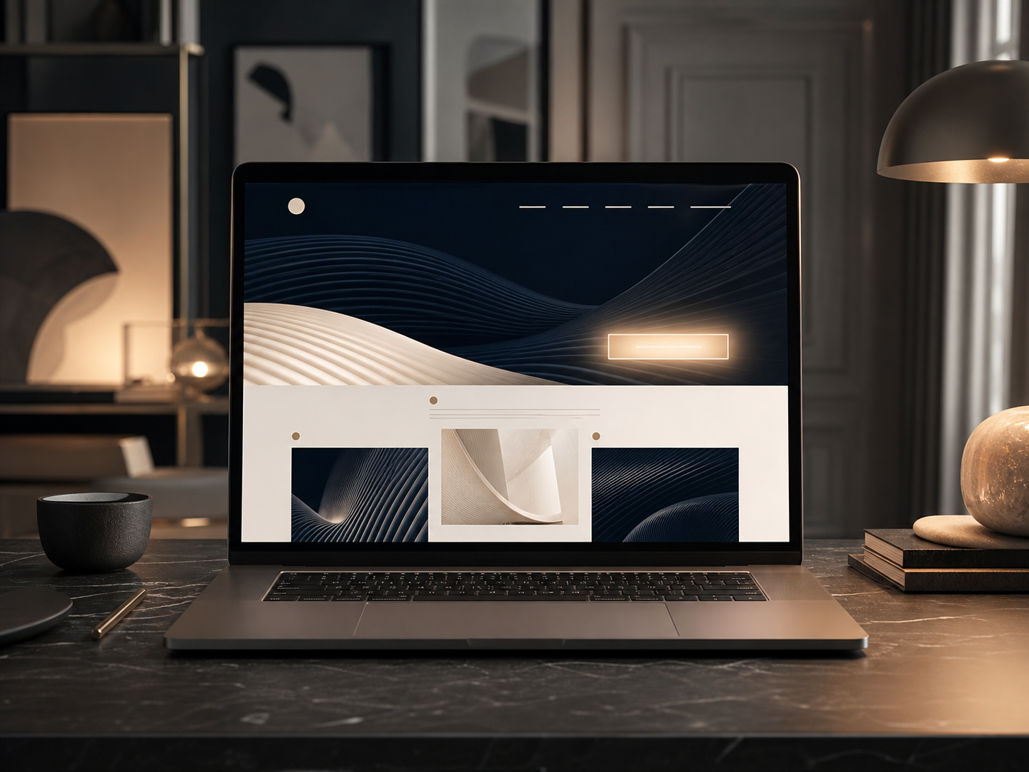 Premium-Website auf einem Laptop in einem eleganten Münchner Studio